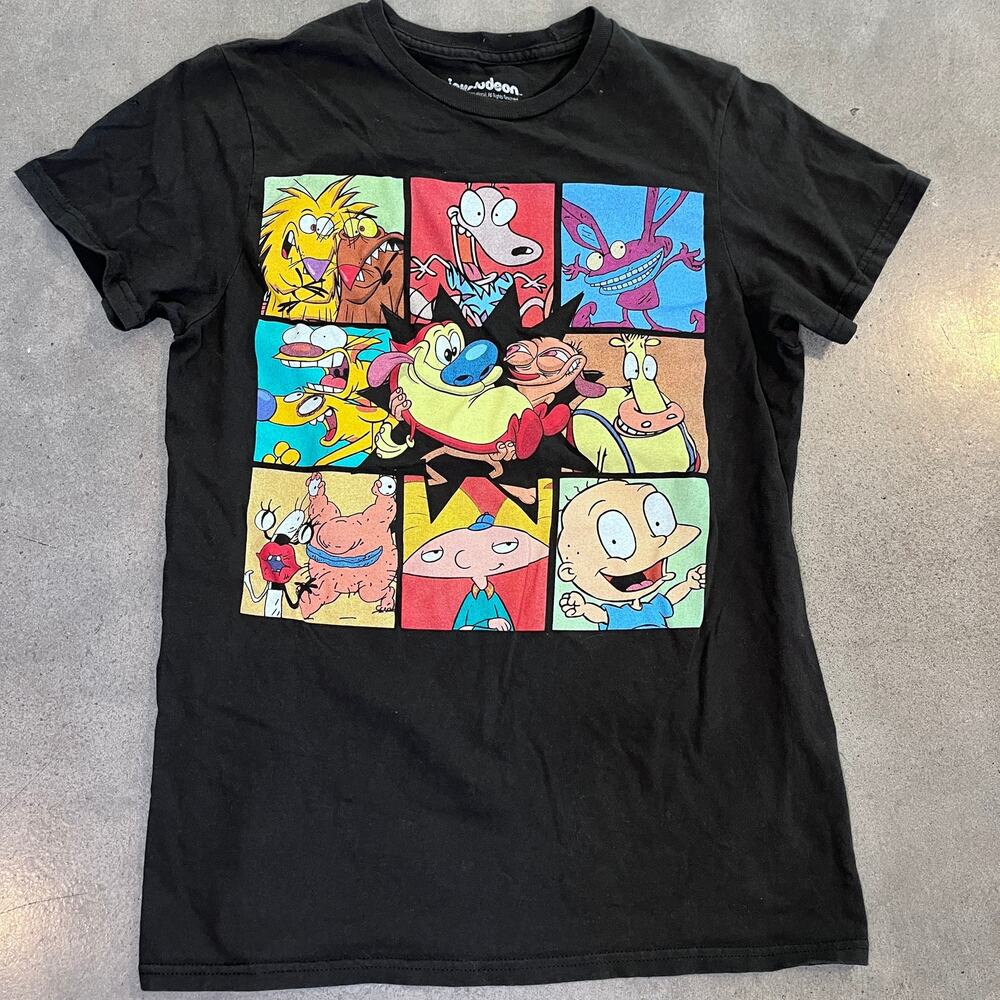 Nickelodeon 90s cartoon mosaic black tee junior girls small arnold stimpy rocko